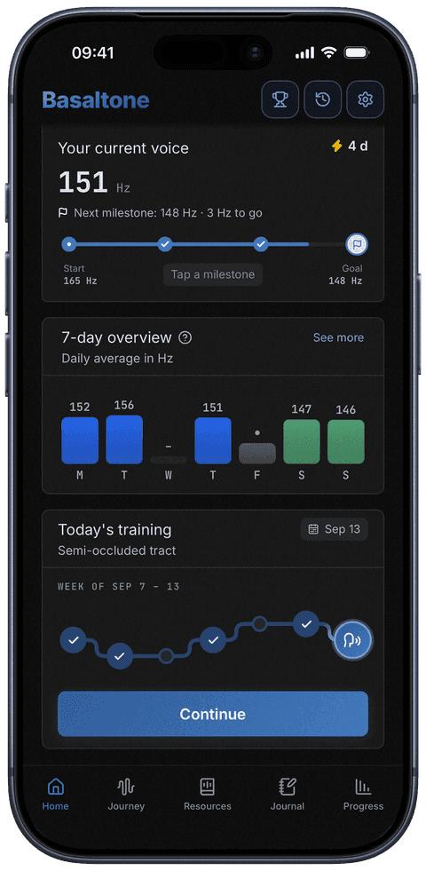 Today's training on the Basaltone home screen: the week's route and the button to carry on with the day.