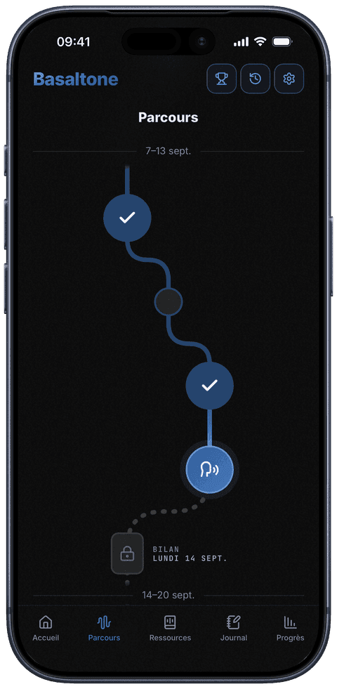 Parcours quotidien : la route des jours, l'étape du jour et l'accès au bilan de la semaine.