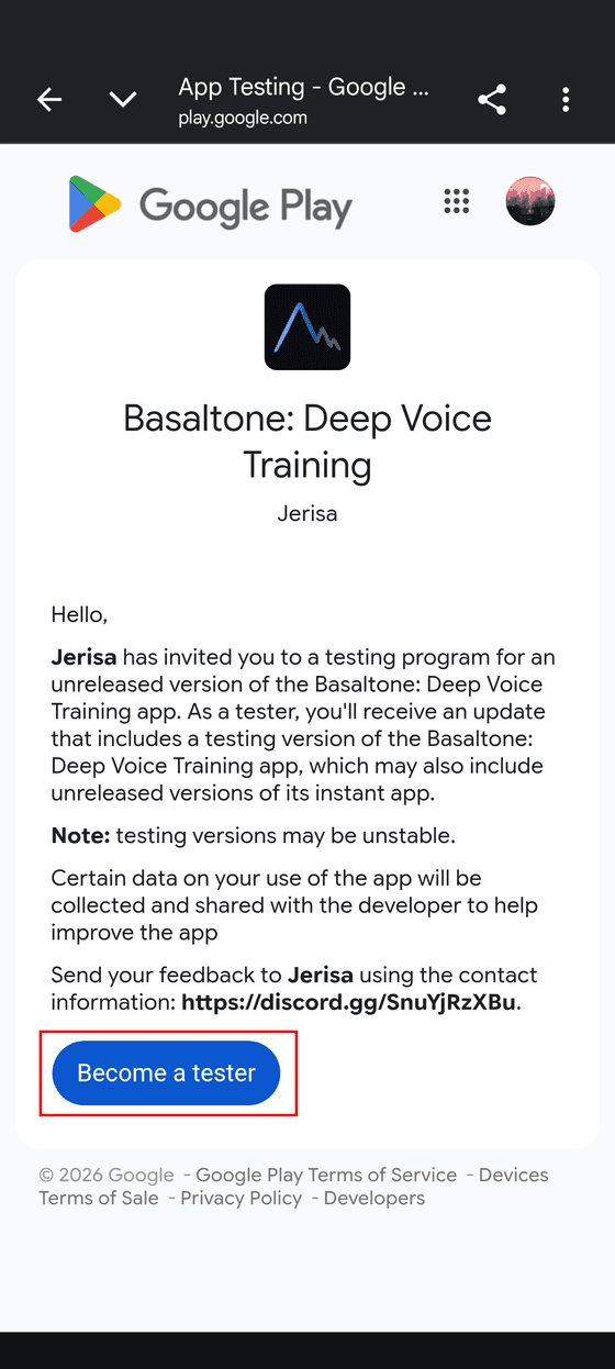 Google Play testing page with the “Become a tester” button