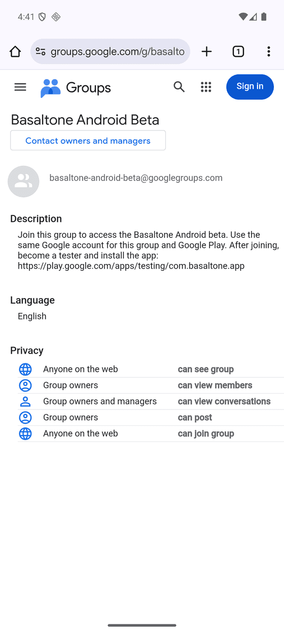 Android beta group page on Google Groups with the “Sign in” button