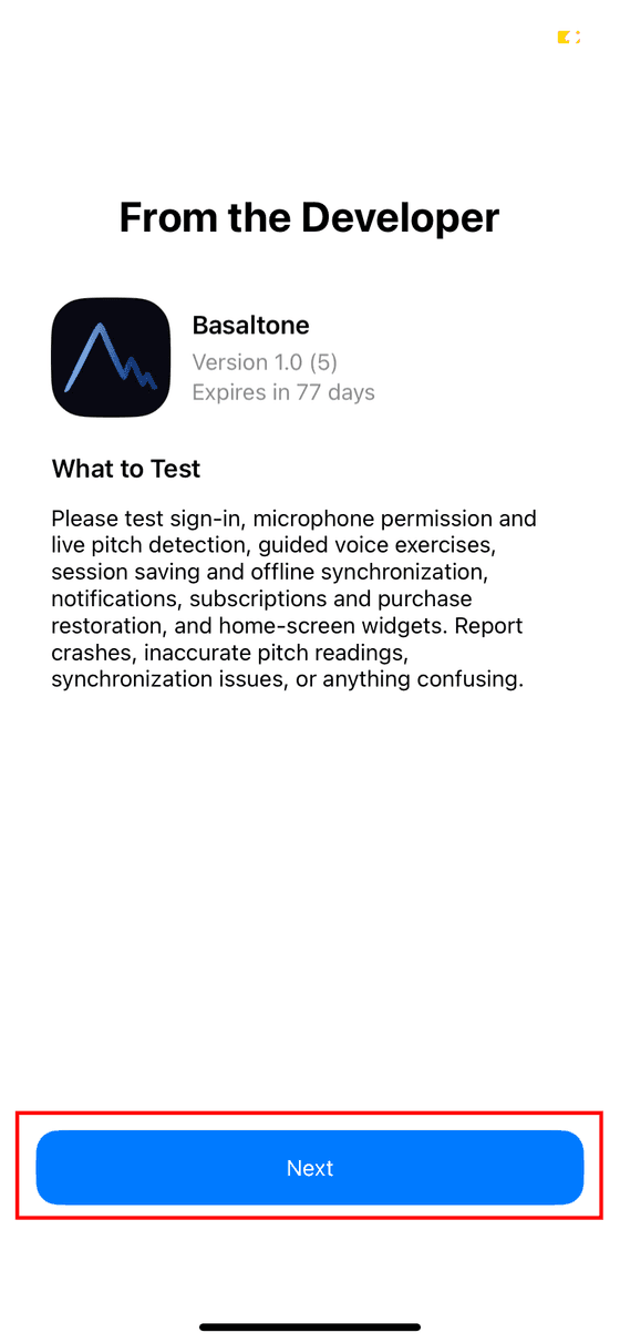 TestFlight screen with the note from the developer