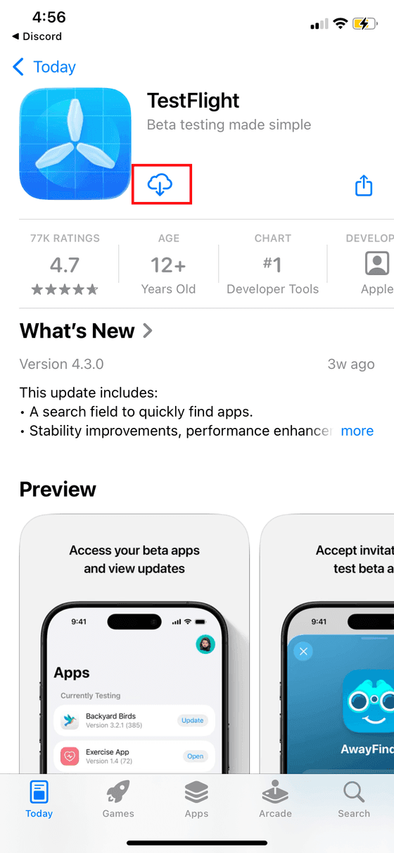TestFlight on the App Store with the download icon