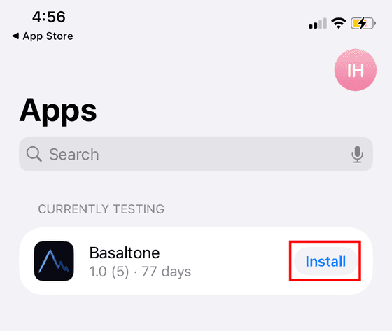 TestFlight list with the install button next to Basaltone