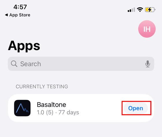 TestFlight list with the open button next to Basaltone