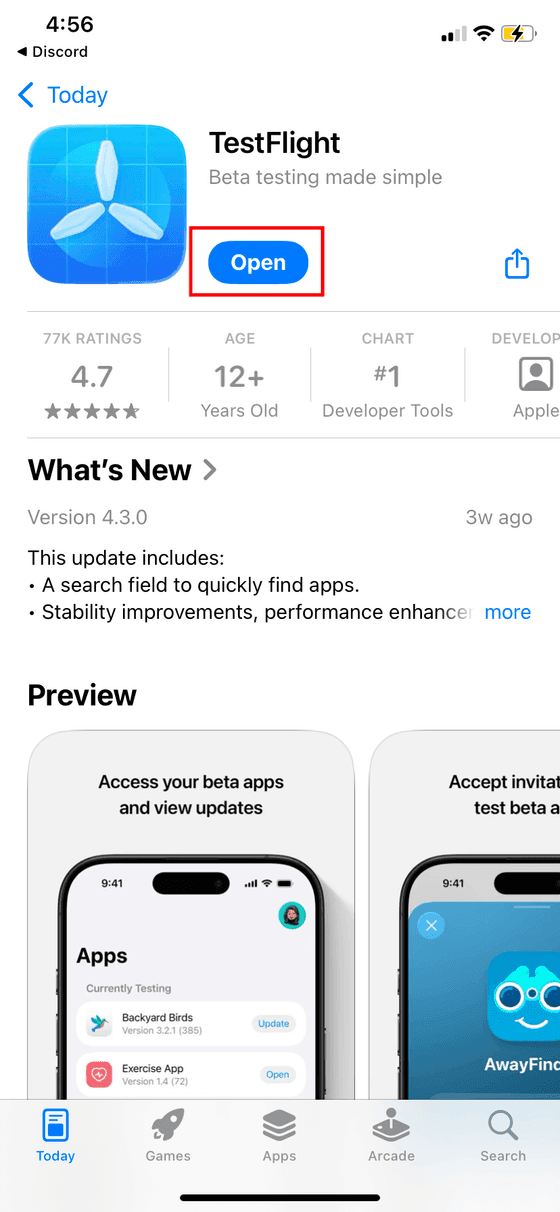 TestFlight on the App Store with the open button