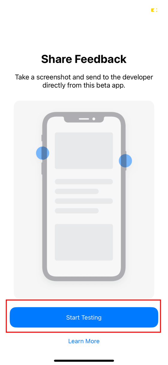 TestFlight screen with the button that starts the test