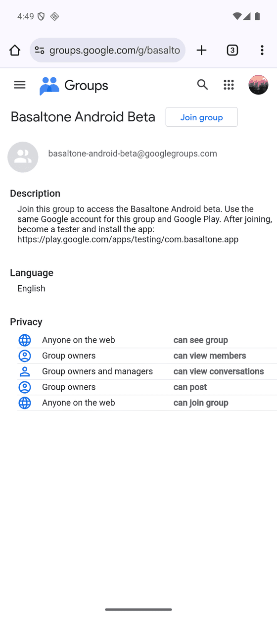 Google Groups page with the “Join group” button